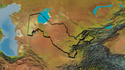 Shape of Uzbekistan. Bevelled. Topographic.