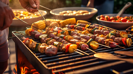Visualize a bustling barbecue party in the late after