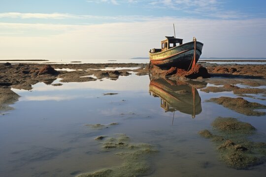 tilted boat in shallow lagoon at low tide