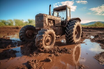 tractor tires sinking in muddy terrain