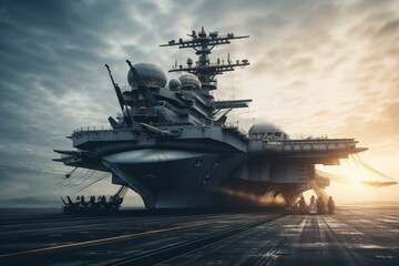 US aircraft carrier and fighter jet launching from deck. Generative AI