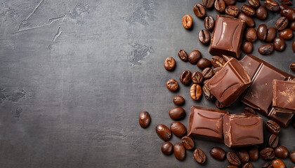 Chocolate and coffee beans on dark stone table. Top view with copy space