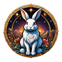 Digital Illustration Of A White Rabbit, Round Sticker or Patch Form, White Background - obrazy, fototapety, plakaty