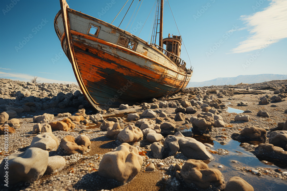 Poster a shipwreck stranded in a desolate desert, evoking a sense of surrealism generative ai technology.