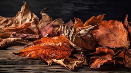 Orange brown fallen dry twisted leaves lie on an old cracked wooden surface. Generative Ai