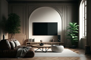 3D rendering of a living room with empty TV wall. Generative AI