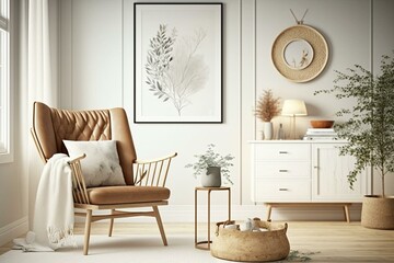 Scandi boho living room with white armchair and wooden furniture in a mock-up frame. Generative AI