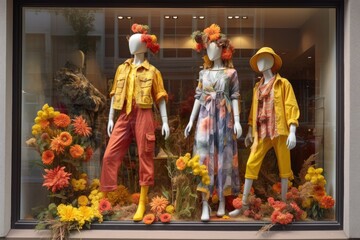 window display with seasonal outfits on mannequins