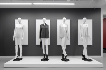 minimalist mannequin display with monochromatic outfits