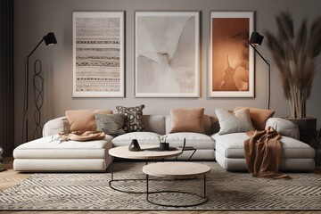 A trendy living room featuring a bohemian style poster frame in a 3D rendered image. Generative AI