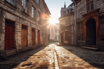 Obraz premium sunlight peeking through old buildings onto cobblestone street