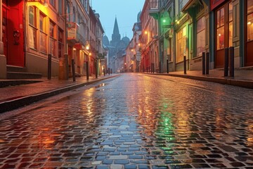 Fototapeta na wymiar dew-covered cobblestones reflecting colorful storefronts
