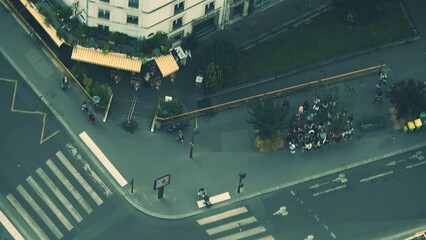 Aerial top down view of a street intersection in the centre of Paris. France