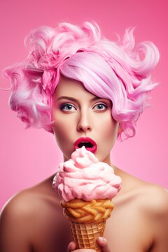 Woman with Ice Cream Hairstyle and Ice Cream Dress Making an Outlandish Face on a Pink Background, Embracing the Berrypunk Vibe with Humorous Animal Scenes and Lively Facial Expressions