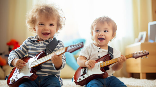 Smiling kids playing guitar, violin, flute in classroom at school