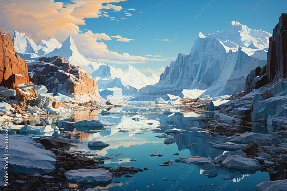 Poster a panoramic view of a field of icebergs, stretching as far as the eye can see, creating a surreal an