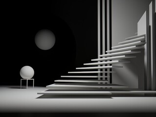Abstract minimalistic contrast black and white scene with geometric shapes. visualization AI