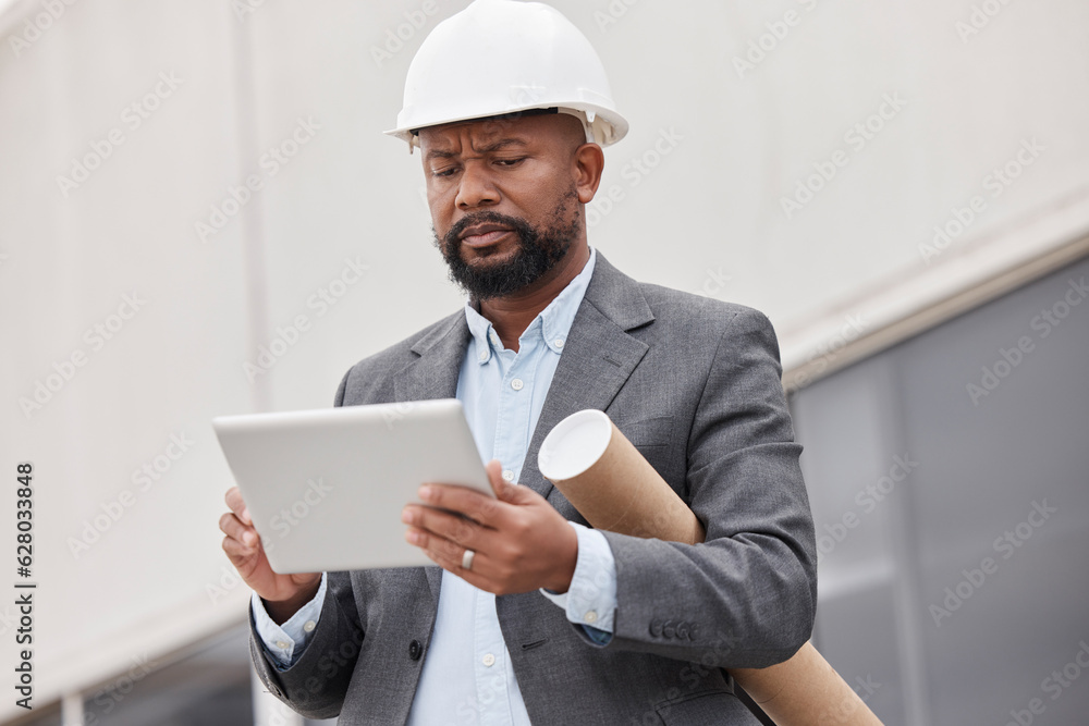 Poster tablet, blueprint and an architect manager planning a development project for commercial property. t
