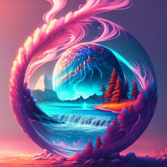 Fototapeta na wymiar Dreamy fantasy landscape inside a translucent sphere, abstract, Generative AI