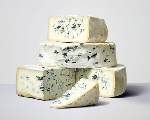 Cheese with mold Brie camembert Dorblu Classic  Dorblu Royal Blue  Roquefort dairy snack food product  gourmet white appetizer piece  isolated