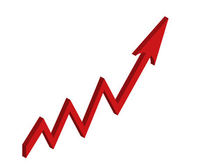 Red growing up 3d large arrow sign isolated on white background. Inflation Bar chart. Vector graph. Rising price. Finance and Economy. Market volatility. Recession. Infographics. Big data analytics.