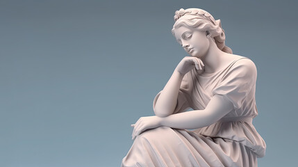 Marbel statue of Aphrodite in a thinks pose on a pastel background