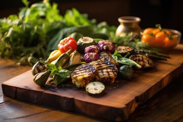 charred grilled vegetables on rustic cedar plank