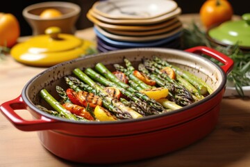 grilled asparagus in a colorful ceramic dish