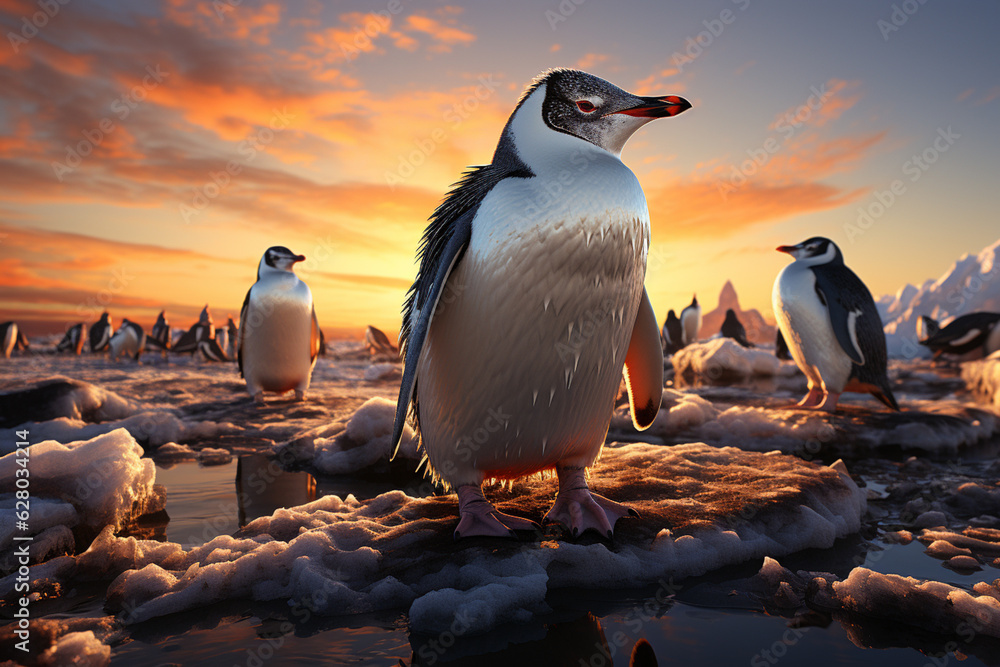 Poster an iceberg surrounded by a flock of seagulls, adding a sense of scale and movement to the scene, gen