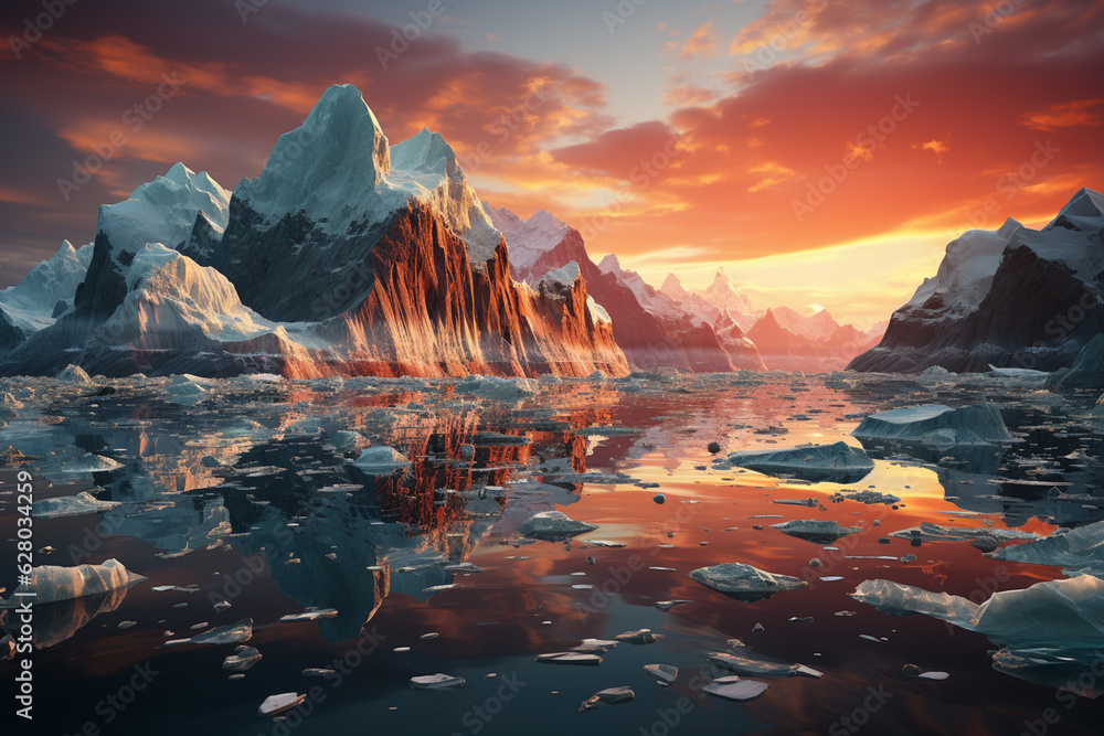 Poster an iceberg surrounded by a flock of seagulls, adding a sense of scale and movement to the scene, gen