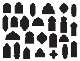 Vector set of islamic shape traditional window. Collection arabian black shapes icon isolated on white. Oriental frames