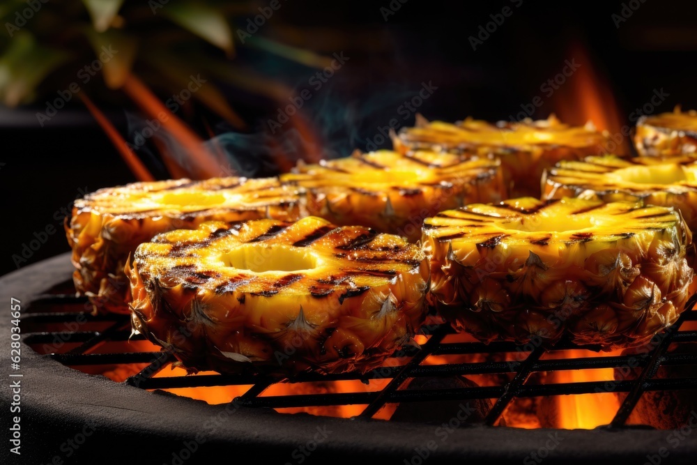 Wall mural pineapple slices sizzling on a hot bbq grill