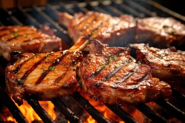 close-up shot of juicy pork chops on a hot bbq grill