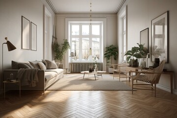 A 3D rendering of a spacious, light-filled Nordic room with wooden floors, white walls, and minimalist furnishings. Generative AI