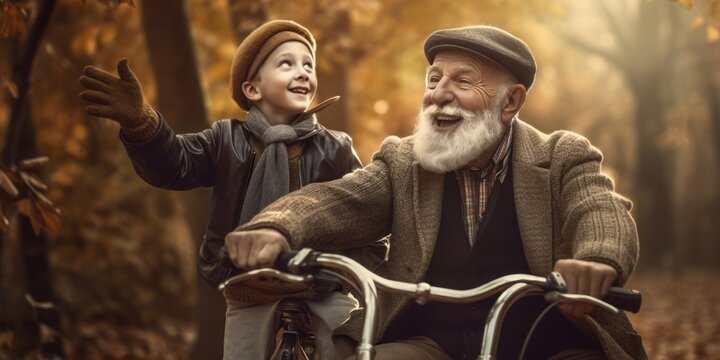 Happy Grandma, Grandpa, and Young Child Riding Bikes Together in a Park Fotos Foto Reklamo, Embracing Photobashing Style with Adventure Theme