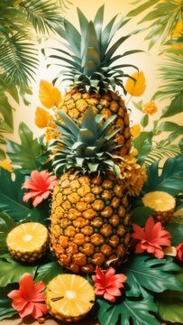 summer-inspired background featuring a bountiful harvest of pineapple, and summer foliage, no text, eye-catching design