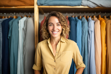 Naklejka na ściany i meble Young business woman smiling while standing proudly on her recently opened textile store. Generative AI