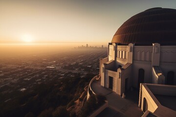 Fototapeta na wymiar Early morning view of LA skyline from Griffith Observatory. Generative AI