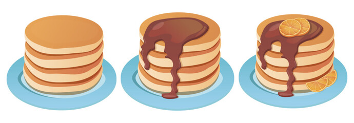 Pancakes with chocolate syrup and orange, American breakfast. Cartoon style, vector illustration