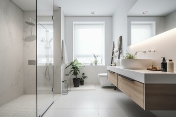 Fototapeta na wymiar Modern empty bathroom with white walls waiting for decoration and shower. Generative AI