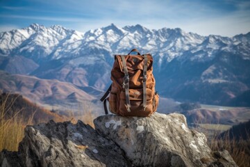 backpack resting on a rock with mountain backdrop