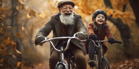 Fototapeta na wymiar Happy Grandma, Grandpa, and Young Child Riding Bikes Together in a Park Fotos Foto Reklamo, Embracing Photobashing Style with Adventure Theme