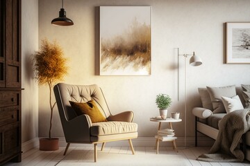 Cozy living space with chair against cream-toned wall. Generative AI