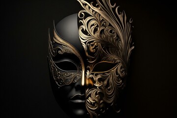 Black, gold mask on dark background. Generative AI