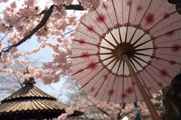 parasol with sakura blossoms in the background