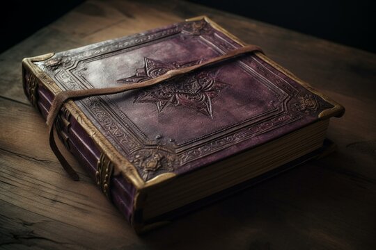 Enchanting medieval violet foggy leather-bound tome. Generative AI