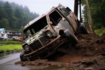 overturned vehicle stuck in mud after slide