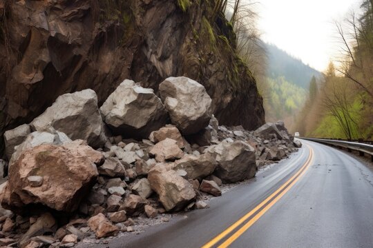massive boulders blocking mountain road post-mudslide