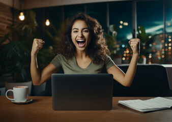 beautiful young smiling ethnic woman smiling and rejoices in victory sitting on sofa and working at laptop screen after finishing project in home office