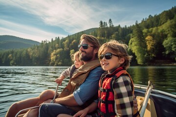 Fototapeta premium a happy family is sailing on a boat on the river in the middle of the nature